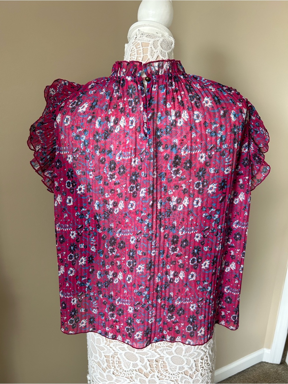 Anthropologie Fuchsia Floral Ruffle-Sleeve Blouse
